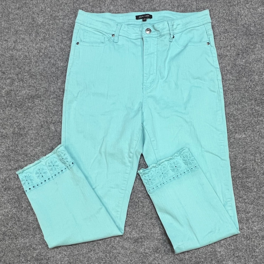 John Mark Cropped Jeans Womens 12 Aqua Mint Green Eyelet Embroidered Frayed Hem